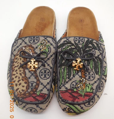 Tory Burch T Monogram Charm Mules Clogs Size 7 Leather Lined Tropical Print - Image 1 of 4
