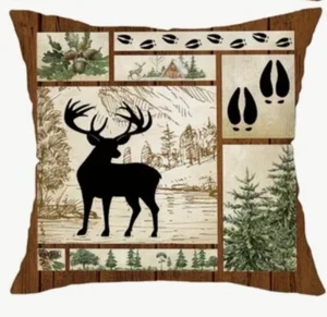 Deer Stag Mountain Rustic Lake Lodge Cabin Hunting Throw Pillow Cover Man Cave - Picture 1 of 3