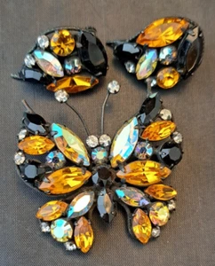 Juego de broches y pendientes vintage de mariposa con estrás iridiscente REGENCY - Imagen 1 de 13