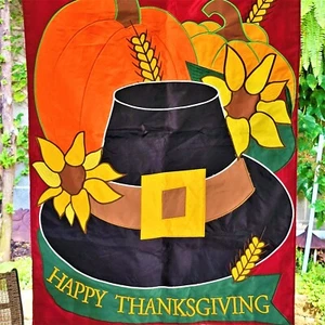 VTG Thanksgiving Pilgrim House Wall Flag Hanging Garden Yard Wind Banner 41 x 29 - Picture 1 of 6