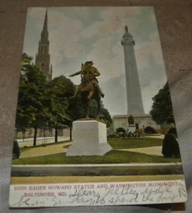 VINTAGE "JOHN EAGER HOWARD STATUE & WASHINGTON MONUMENTS, BALTIMORE" POST CARD - Picture 1 of 2