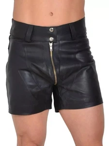 Men's Black Full Zip Leather Shorts| Genuine Sheepskin Breathable leather Shorts - Picture 1 of 6