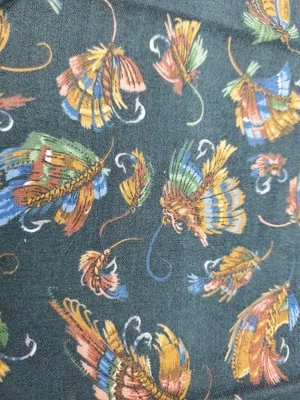 cotton fabric remnant blue brown tan green on dark green 12x44 Messmore Cranston - Image 1 of 4