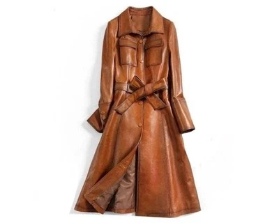 Women's Handmade Italian Brown Wax Tan Real Leather Trench Coat Jacket - Image 1 of 4