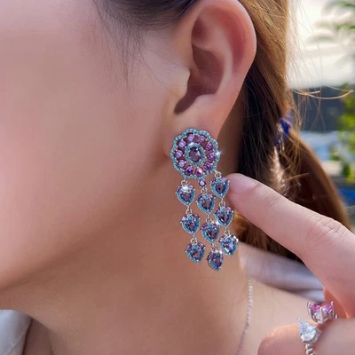 Lady Silver Plated Purple Zircon Blue Turquoise Tassel Dangle Long Drop Earrings - Image 1 of 4