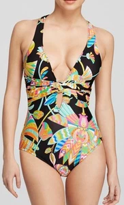 TRINA TURK Tahitian Floral One Piece Swimsuit Multi Cross Back Sz 6 Lined Resort - Picture 1 of 10