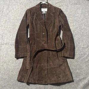 Vtg Wilsons Leather Maxima Brown Suede Patchwork Trench Coat Belted Women’s S - Picture 1 of 10