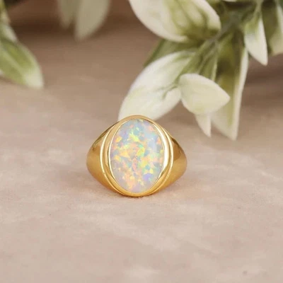 Anillo de compromiso de ópalo de 2 quilates para hombre enchapado en oro amarillo de 14 k en plata de ley 925 Foto 1 de 4