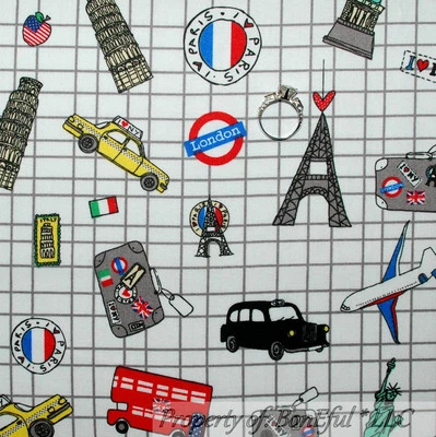 BonEful Fabric FQ Cotton Quilt VTG Paris London Eiffel Tower EURO NYC Taxi Car S - Image 1 of 4