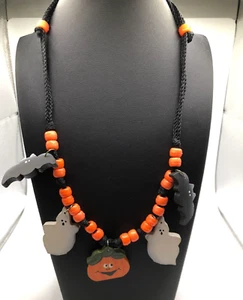 Vintage Artisan Crafted Halloween Necklace w/ Wood Pendants of Ghost Bat Pumpkin - Picture 1 of 4