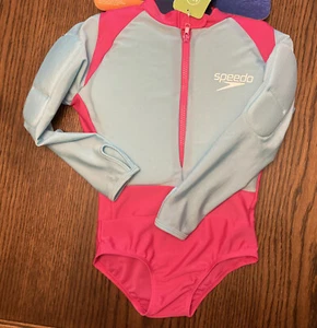 Speedo Girls-One piece long sleeve swimsuit-Blue & Pink-Size L/XL (4/5) - Picture 1 of 9