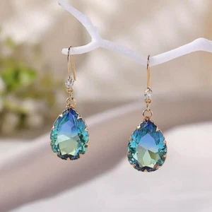 Golden Retro Blue Rhinestone Drop Shape Pendant Earrings Jewelry Women Gift - Picture 1 of 5