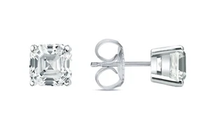 1.50 Ct Asscher Created Diamond Earrings Studs Real 14K White Gold Basket Push - Picture 1 of 3