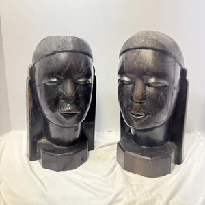 African Folk Art Hand Carved Wood Wooden Tribal Bust Statue Figurine Pair 11.5" - Picture 1 of 9