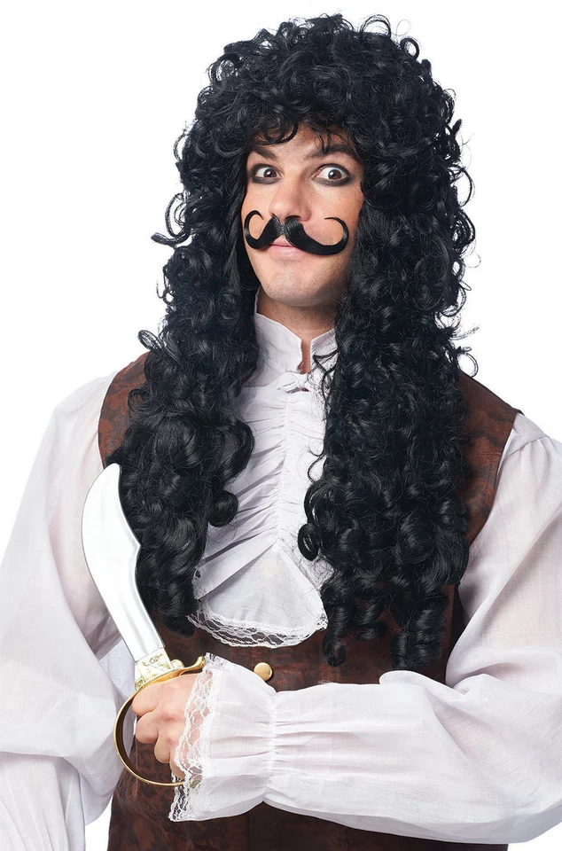 ADULT MALE MENS BLACK LONG CURLY PIRATE CAPTAIN HOOK COSTUME WIG W/ MOUSTACHE  - Image 1 of 1