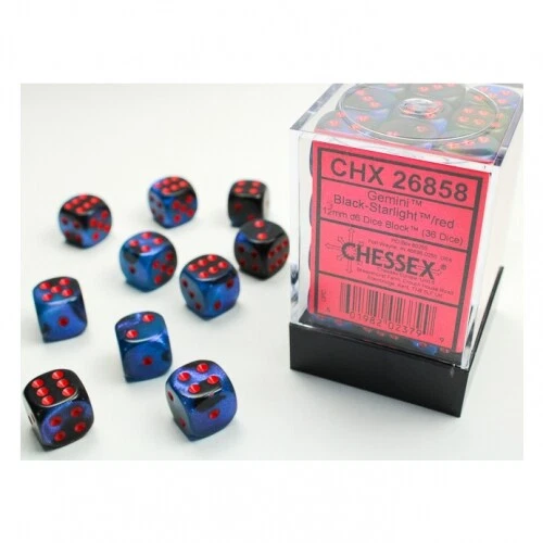 Dice Chessex Gemini Black & Starlight Blue Mini 36d6 Block 12mm RPG 26858