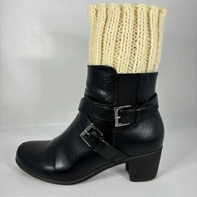 Handmade Ribbed Knit Boot Cuffs Black Cream Toppers Reversible Cabin Core Hiking Foto 1 de 3