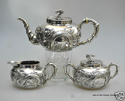 Antique Chinese China Export Solid Silver Teaset Teapot Bowl Creamer Wanghing  • 12,273.28$