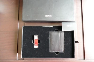 New Hugo Boss designer black leather credit card wallet money clip gift set £169 - Image 1 of 4