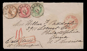 AUSTRIA OFFICES IN LEVANT 1867 3sld GREEN 5sld RED 15sld BROWN ON COVER TO THE U