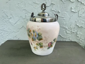 Victorian Milkglass Handpainted/Silver-Plate Handled Lidded Biscuit Jar - Picture 1 of 9
