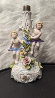 Antique Dresden Lamp Base Porcelain Handpainted Figurine couple Repaired Arm - Image 1 of 4