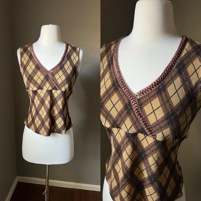 Vintage 90s Y2K Tank Top Brown Metallic Plaid V-Neck Sleeveless Whimsigoth Fairy - Image 1 of 4