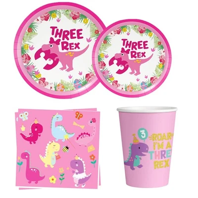 Товары для вечеринок Pink Dinosaur 3rd Bday — тарелки 40 шт., чашки 20 шт., салфетки... - Изображение 1 из 4