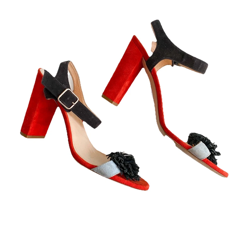 J. Sandalias Crew Colorblock con pompones para mujer 8 hechas en Italia tacón ancho gamuza Foto 1 de 4