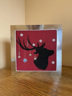 EXTRA LARGE COMPLETED CROSS STITCH CHRISTMAS CARD -REINDEER ADORNED- 100% NOWZAD - Image 1 of 3