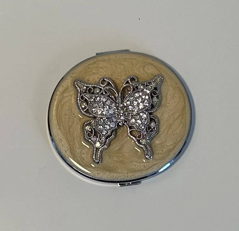 Spring Street Compact Double Sided Mirror Ivory Butterfly Crystals Round Metal - Image 1 of 3