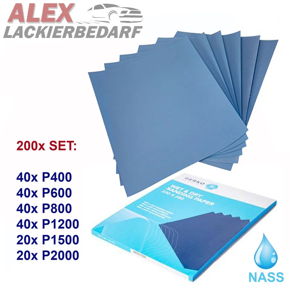 200x SET P400-P2000 GERKO Nass Schleifpapier Bogen 230 x 280 mm Wasserfest   - Bild 1 von 1