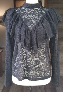 Band Of Gypsies Sz S Black Ruffled Lace Keyhole Back Top ~ Victorian ~ Stretchy - Picture 1 of 3