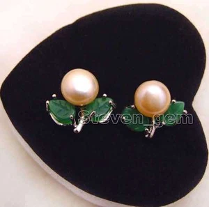 7mm Pink Flat Round Natural Pearl Earring for Women Green Jade Leaf Stud Earring - Picture 1 of 10
