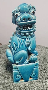 Vintage Chinese Turquoise Blue Glazed Ceramic Foo Dog Figurine 6" - Picture 1 of 4