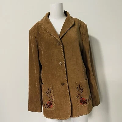 Chaqueta Blazer Susan Graver Marrón Bordada Imitación Gamuza Talla M Floral Retro Foto 1 de 4