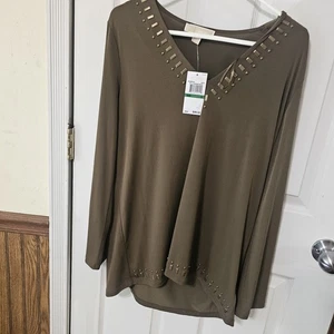 Michael Michael Kors Damen Bluse Gr. L Messing Grün Top Perlen Whimsi Goth Neu mit Etikett - Bild 1 von 10