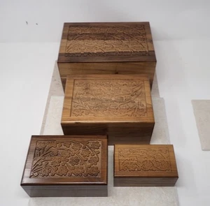 Hand Carved Nesting Boxes Set of 4 Floral Jewelry Box - Slide Open on the Bottom - Picture 1 of 18