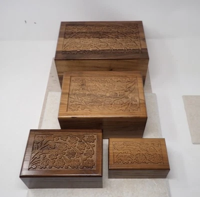 Hand Carved Nesting Boxes Set of 4 Floral Jewelry Box - Slide Open on the Bottom - Image 1 of 4