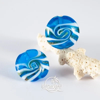 2x Perle Murano Lampwork Glas 20mm Blau Handarbeit GlitzerInsel 00009g - Bild 1 von 2
