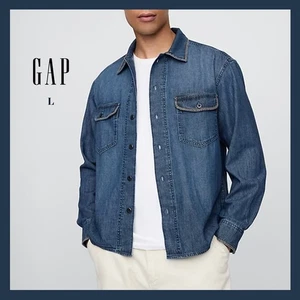 NWT - GAP Men's Cotton Embroidered Long Sleeve Dark Wash Denim Shirt Sz L - $69 - Picture 1 of 7