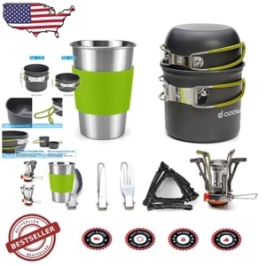 Backpacking Cookware: 10pc Green Set, Mini Stove, Anti-Heat Handles - Picture 1 of 11