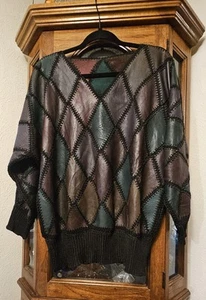 Vintage Multicolor Leather & Silk Patchwork Batwing? Sweater Made in Turkey L-XL - Picture 1 of 14