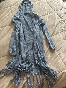 Hooded Open Front Fringe Cardigan Sweater, Girls Size 12/14 - Picture 1 of 8