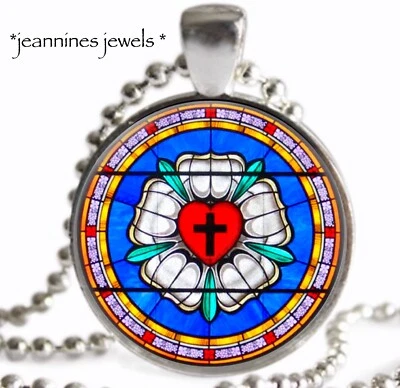 Lutheran Rose Seal Necklace FAUX Stained Glass ART PRINT Silver Charm Pendant - Image 1 of 4