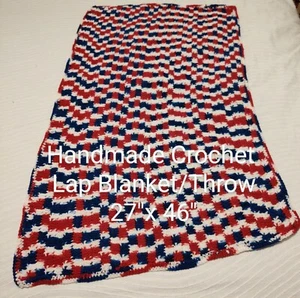 BEAUTIFUL VINTAGE HANDMADE CROCHET AFGHAN LAP THROW BLANKET MULTICOLOR RED BLUE - Picture 1 of 3