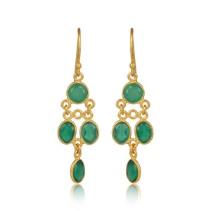 Wedding Designer 925 Silver Gold Plated Green Onyx Gemstone Dangle Earrings - Picture 1 of 5