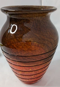 Vintage Bohemian Czech Art Glass Orange and Brown Swirl Vase 7.5 " - Picture 1 of 7