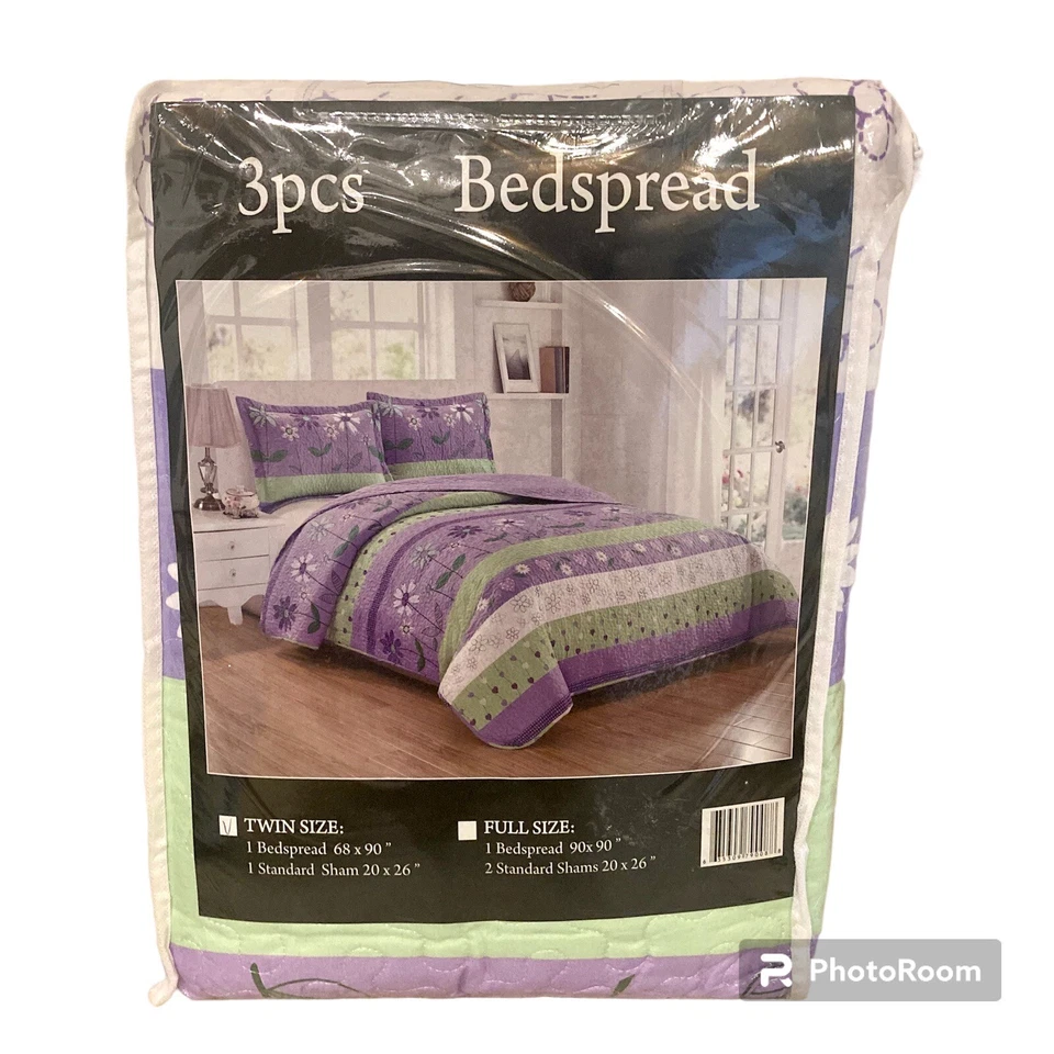 Nuevo Juego Colcha 2 Piezas Flor Púrpura Verde Blanco Lino Elegante Niña  Foto 1 de 4