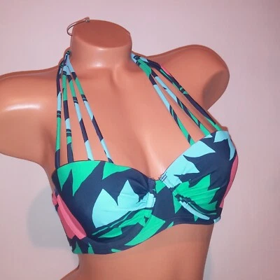 Top de bikini de natación Aerie 32C Audrey azul marino verde tiras ligeramente forrado con aros Foto 1 de 4